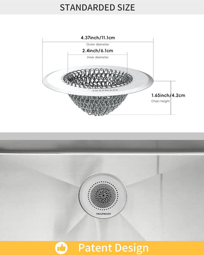 TRAPMATE 2 Pcs Kitchen Sink Drain Strainer, Stainless Steel Sink Strainer Basket with Easy Clean & Anti-Clog, Fits Garbage Disposal, Dishwasher Safe, Single & Double Bowl Sinks (Patented Product)