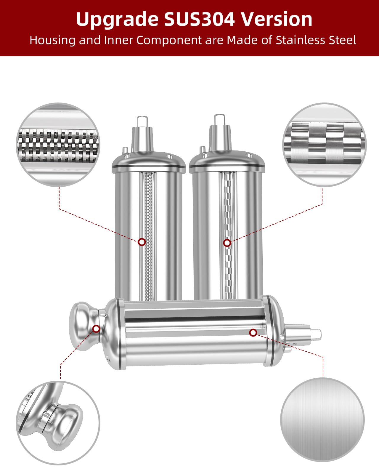 3PCS Pasta Maker Attachment for All Kitchenaid Stand Mixers, Stainless Steel Pasta Attachments Include Spaghetti Cutter & Fettuccine Cutter, Pasta Roller with 8 thickness knob