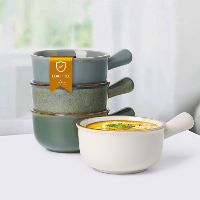 MONITO 26 Oz French Onion Soup Bowls, Ceramic Soup Bowls with Handles, Stackable Soup Crocks, Oven/Microwave/Dishwasher Safe, for Cereal, Soups, Casseroles
