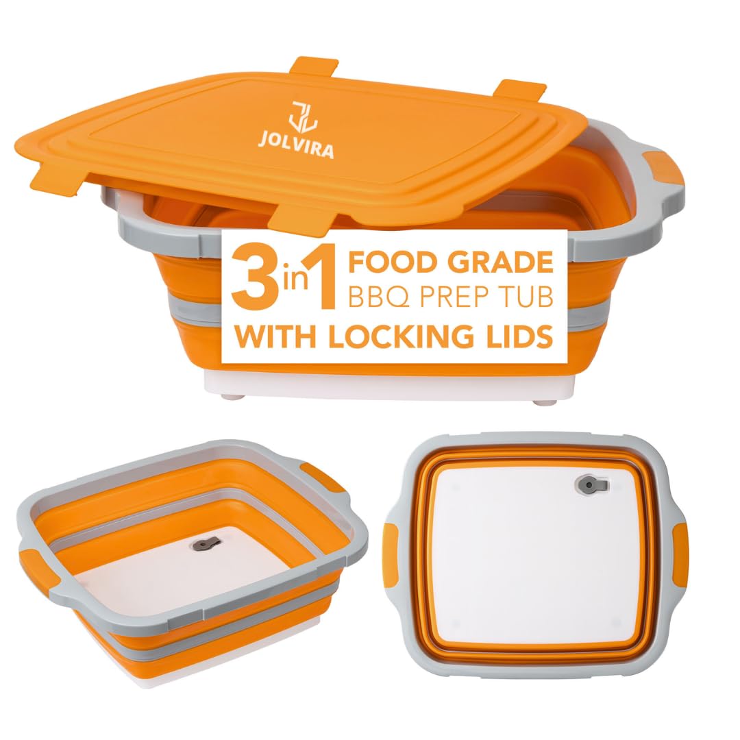 JOLVIRA Collapsible BBQ Prep Tub with Lid – 8L Multifunctional Food & Meat Prep Basin for Vegetables, Fruits, Washing, Storage and Outdoor Cooking