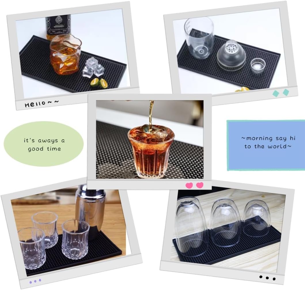 Bar Mat 12" x 6", Rubber Spill Mat for Cocktail Bartender Set of 2, Coffee Bar or Countertop Glass Drying Mat (Black)