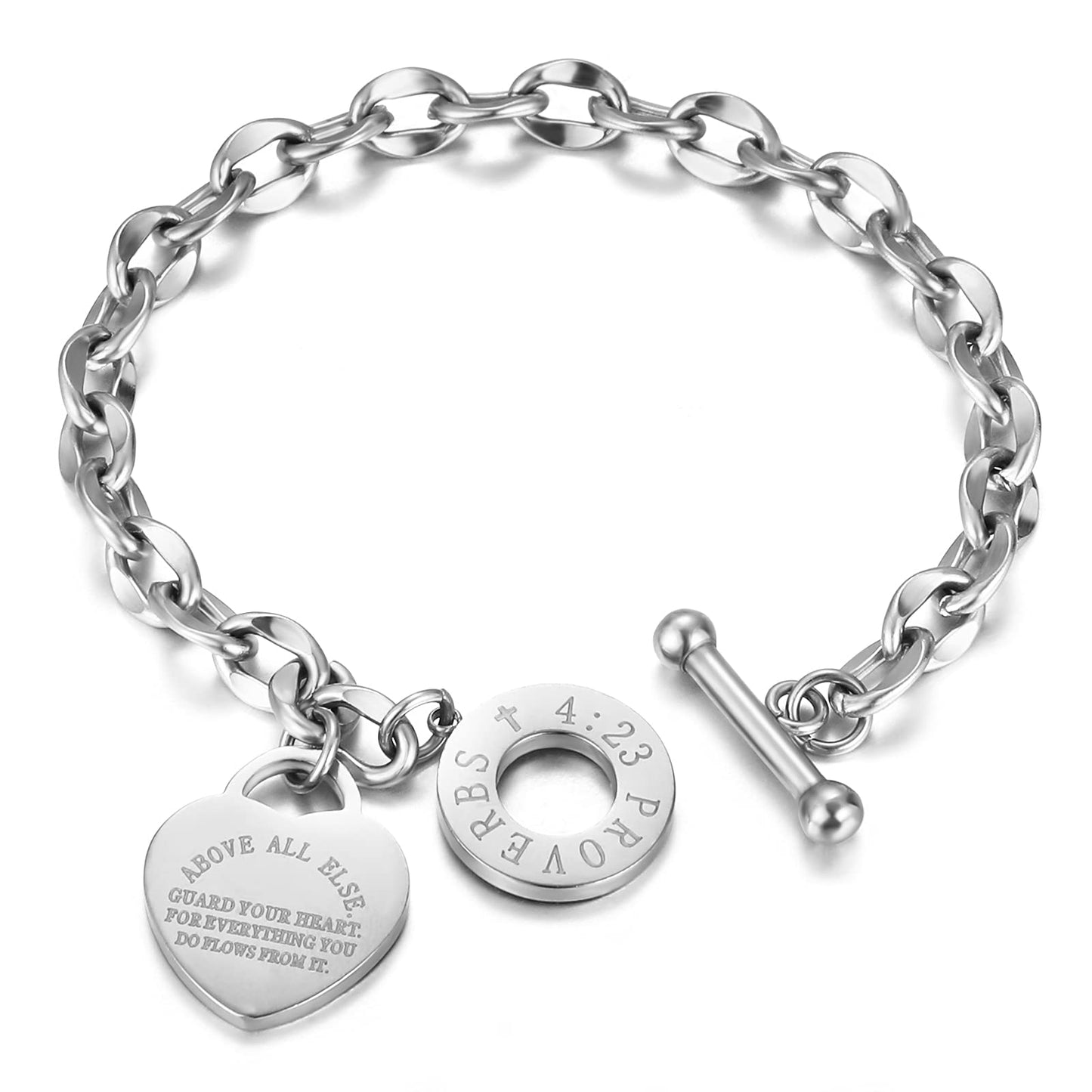 Emibele Heart Charm Bracelet for Women, Bible Verse Bracelet Stainless Steel 18K Gold Plated Bracelet Love Pendant Link Chain OT Clasp, Birthday Christmas Jewelry Present for Mother Her, Silver