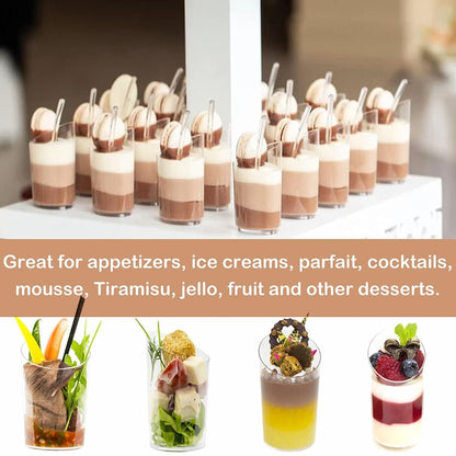 Zezzxu Mini Dessert Cups with Spoons 50 Pcs, 2.2 oz Plastic Small Dessert Shotter Cups Slanted Appetizer Cups for Serving Mousse Pudding Triffle, Serves 25