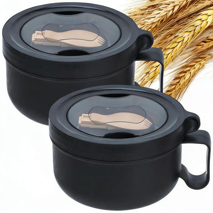 Ronanemon 2 Pack Soup Bowl with Handles, Microwave Ramen Bowl with Lid for Soup and Instant Noodles,Oatmeal, Gumbo, Salad,BPA Free(Black Black)