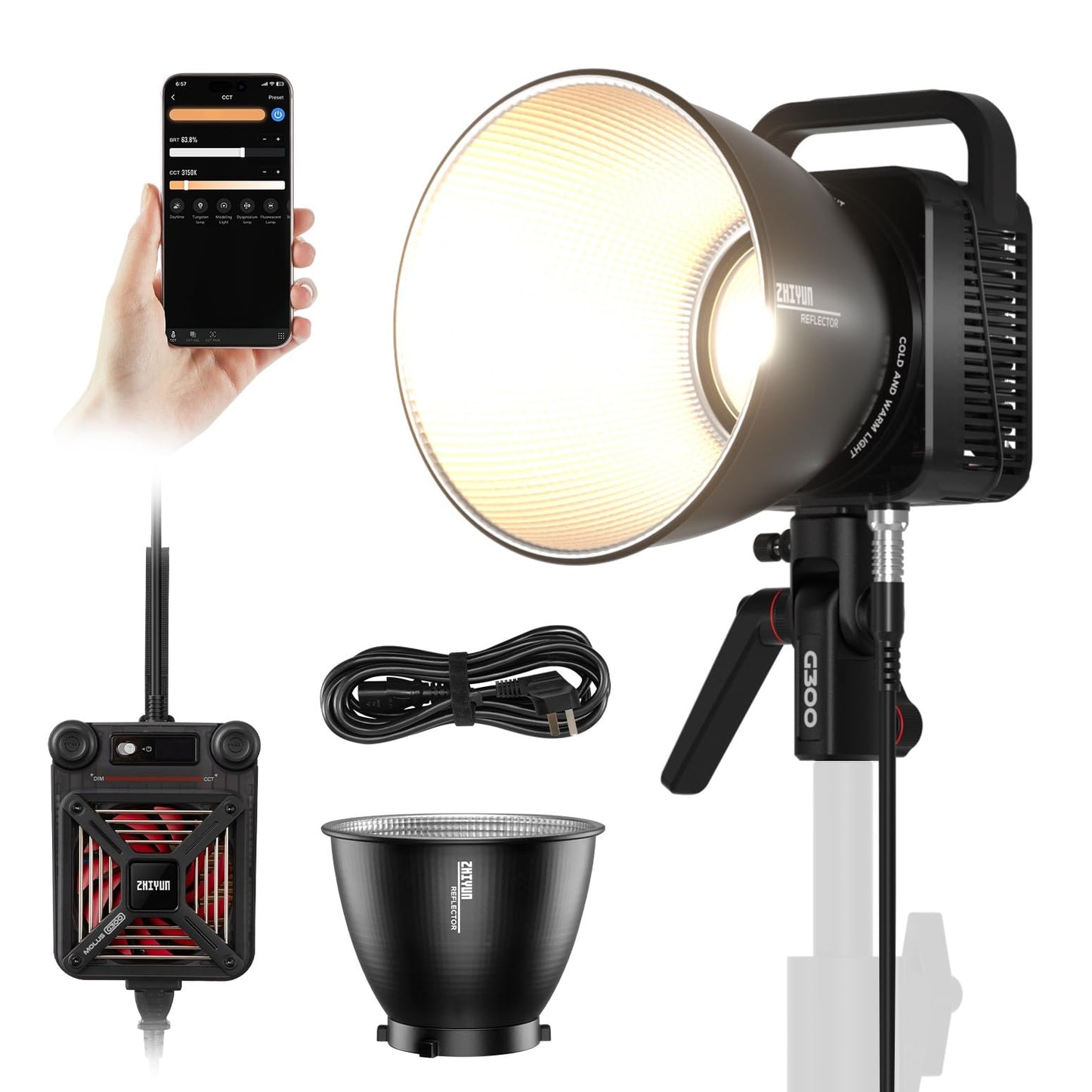 ZHIYUN MOLUS G300 [Official], 300W COB Bi-Color LED Video Light, Bowens Mount, 500W MAX Extreme Mode, App Control, Ultra Quiet, 2700K-6500K, CRI 95+ TLCI 97+ 15500Lux/1M,14 Lighting Effects