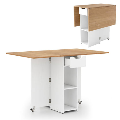 GOFLAME Drop Leaf Dining Table for 2-4, Folding Kitchen Table with Open Shelves & Drawer, Lockable Wheels, Space Saving Extendable Table for Dining Room, Living Room, Small Space, Natural & White