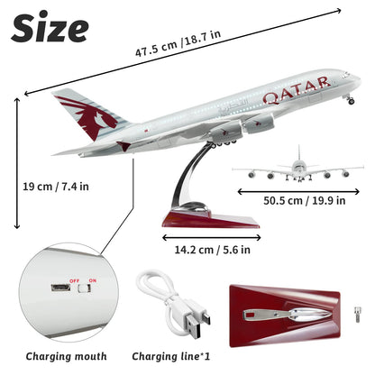 Lose Fun Park 1:160 Scale Large Model Airplane Qatar A380 Plane Models Diecast Airplanes with LED Light for Collection or Gift