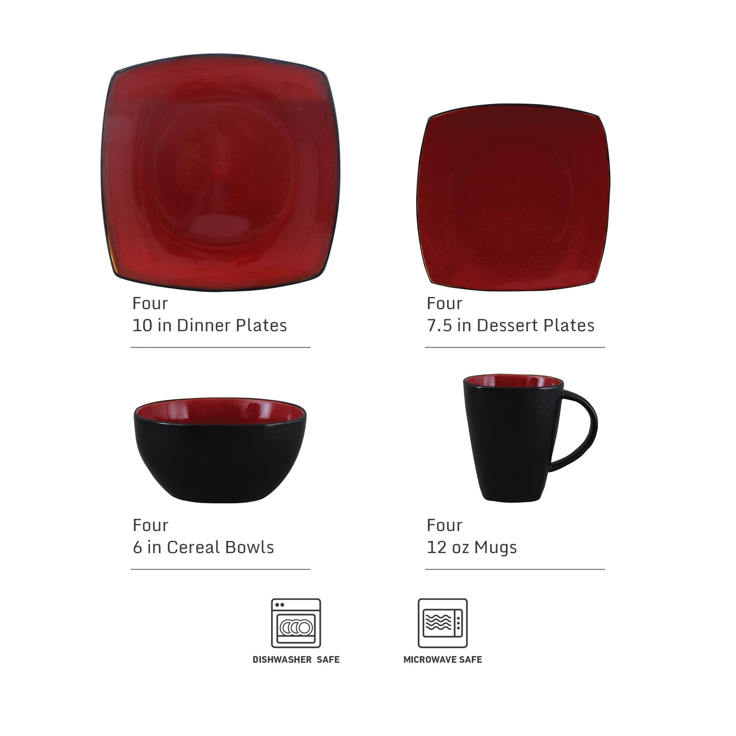 Gibson Elite Soho Lounge Square 16-Piece Dinnerware Set, Service for 4, Reactive Glaze Stoneware Plates and Bowls, Modern Dishes, Microwave & Dishwasher Safe – Red and Black
