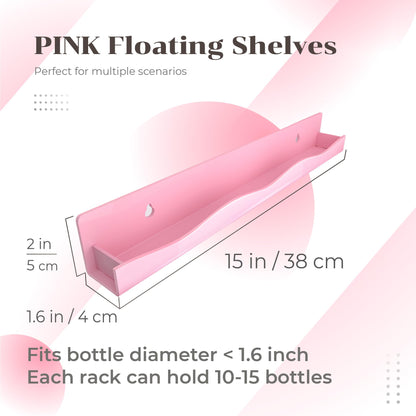 6 Pack Nail Polish Wall Mounted Shelf,15 Inch Nail Polish Floating Shelves for 66-90 Bottles Multi-Purpose,Ideal Gift, Great Display for Salons Retailers,Pink