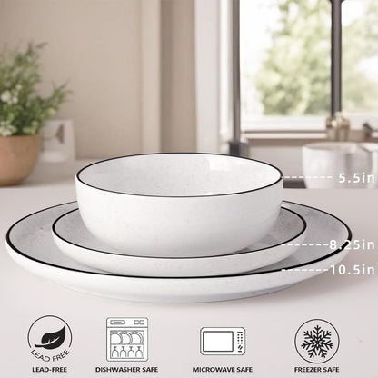 SOVEGLEE Plates and Bowls Sets for 4,12 Pieces Ceramic Dish set, White Dinnerware Set for Kitchen, Modern Design Plate Sets with Black Rim, Microwave and Dishwasher Safe