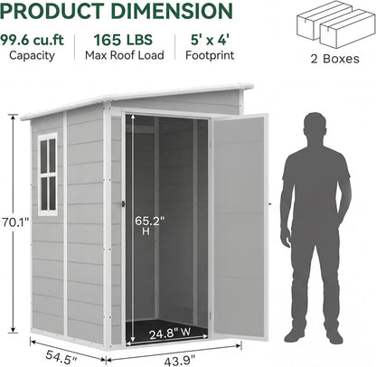 Devoko 5 x 4 FT Resin Outdoor Storage Shed with Floor, Plastic Tool Shed with Window, Outside Waterproof Garden Shed with Lockable Door for Patio, Lawn, Backyard, Poolside, Light Grey