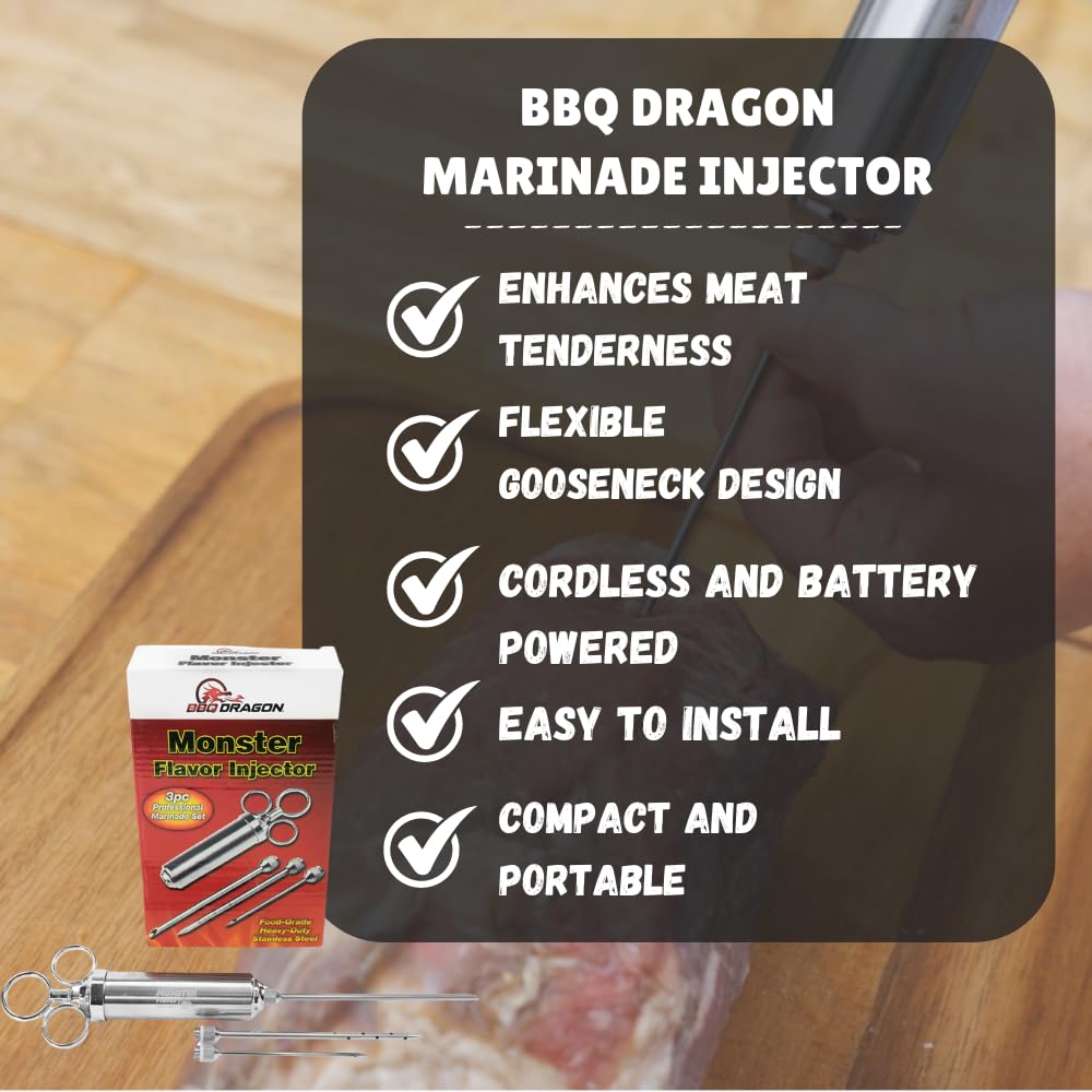 BBQ Dragon Meat Syringe Injector Kit - Stainless Steel Marinade Injector for Smoking Turkey & Brisket - Food Injector with 3 Needles for Liquid & Chunky Marinades - Flavor Injector for Meat & Poultry