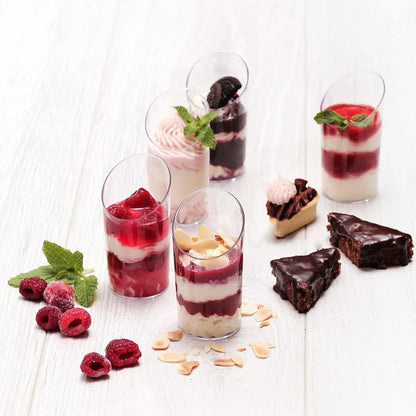 Zezzxu Mini Dessert Cups with Spoons 50 Pcs, 2.2 oz Plastic Small Dessert Shotter Cups Slanted Appetizer Cups for Serving Mousse Pudding Triffle, Serves 25