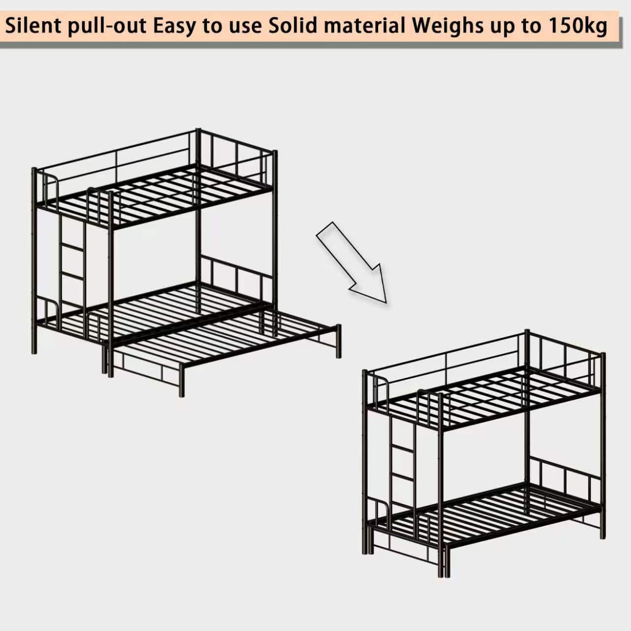 KavlSean Twin Over King Bunk Bed with Safety Guardrail, Metal Pull-Out Bunk Bed Frame with Built-in Ladder, No Box Spring Needed, Extendable Beds for Kids/Teen/Adults, Bedroom, Dorm