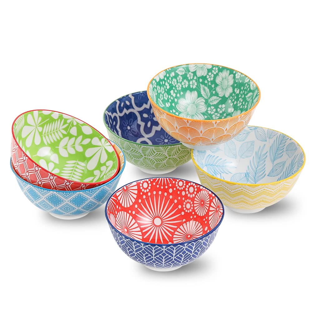 Dessert Bowls Set of 6 - Small Ceramic Bowls for Ice Cream, Snack, Rice - Colorful Cute Style - Microwave and Dishwasher Safe - 4.75 Inch - 10 oz