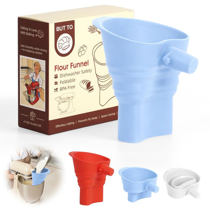 Skiennix Foldable Silicone Flour Funnel - Dishwasher Safe Attachment for Kitchen Aid Mixers (Blue)