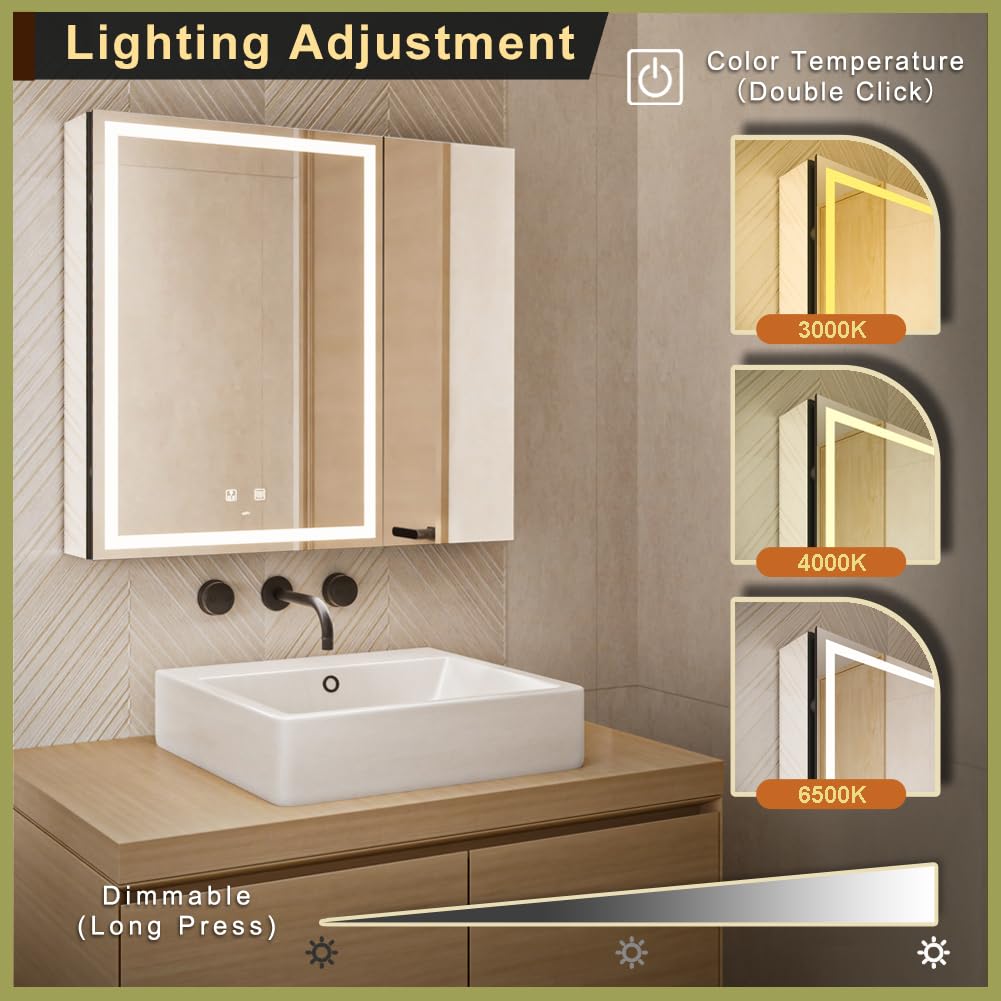 GANPE LED Lighted Bathroom Medicine Mirror Cabinet with Sockets & USBs, Anti-Fog Dimmable Light and Color Adjustment, Easy to Install Aluminum Cabinet (30 * 28 Two-Door)