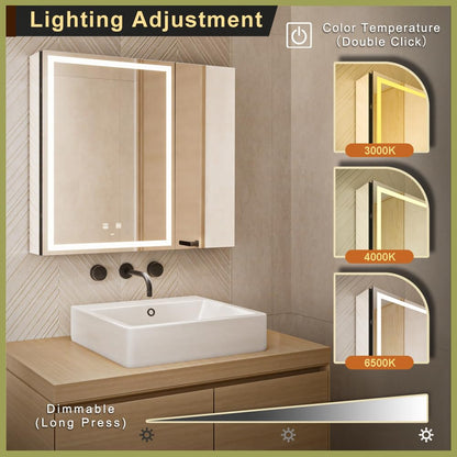 GANPE LED Lighted Bathroom Medicine Mirror Cabinet with Sockets & USBs, Anti-Fog Dimmable Light and Color Adjustment, Easy to Install Aluminum Cabinet (30 * 28 Two-Door)