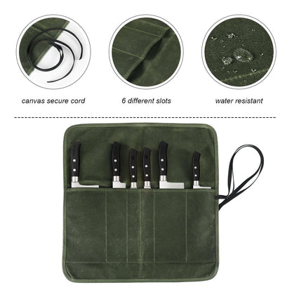 JOINDO Knife Roll Bag, Chef’s Knife Roll Bag, Heavy Duty Chef Knife Roll Bag with 6 Slots, Waxed Canvas Knife Bag Roll, Knife Pouch Holder for Home, Kitchen, Grill (green)