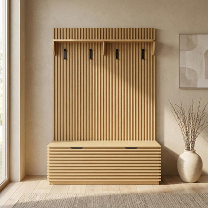 Furnifact Fluted-Panel Hall Tree with Storage Bench and Coat Rack, Entryway Bench with Hooks and Shoe Storage for Mudroom or Foyer, Oak