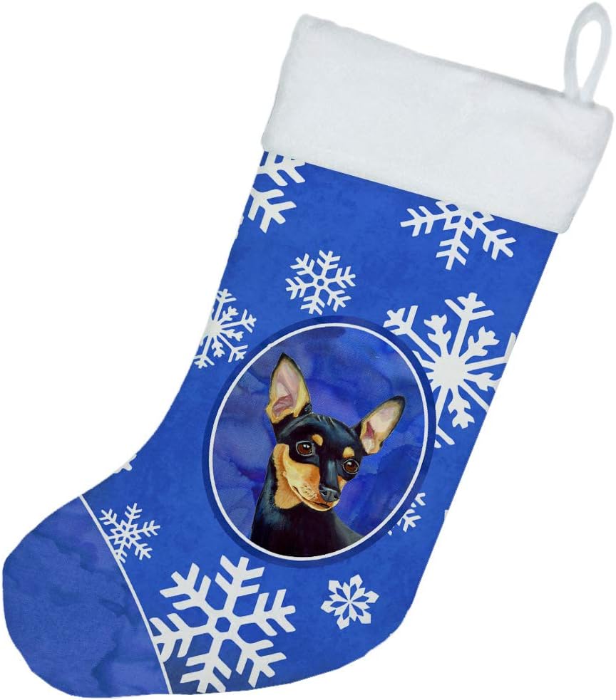 Caroline's Treasures LH9290-CS Min Pin Winter Snowflakes Holiday Christmas Stocking, Fireplace Hanging Decor