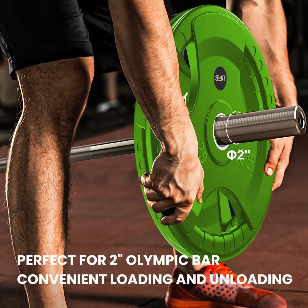 SPART Color Weight Plate 2-Inch Rubber Coated Olympic Grip Plate for Barbell,Solid Cast Iron Weight Plates in Pairs or Single for Strength Training,Weightlifting,Crossfit,Home Gym, 130LB Combo