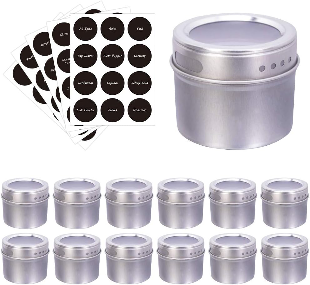 Magnetic Spice Tins & Labels, 12 Storage Containers with Window Top, 48 Pre-printed and 12 Blank Labels