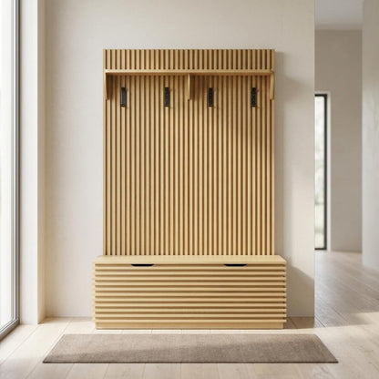 Furnifact Fluted-Panel Hall Tree with Storage Bench and Coat Rack, Entryway Bench with Hooks and Shoe Storage for Mudroom or Foyer, Oak