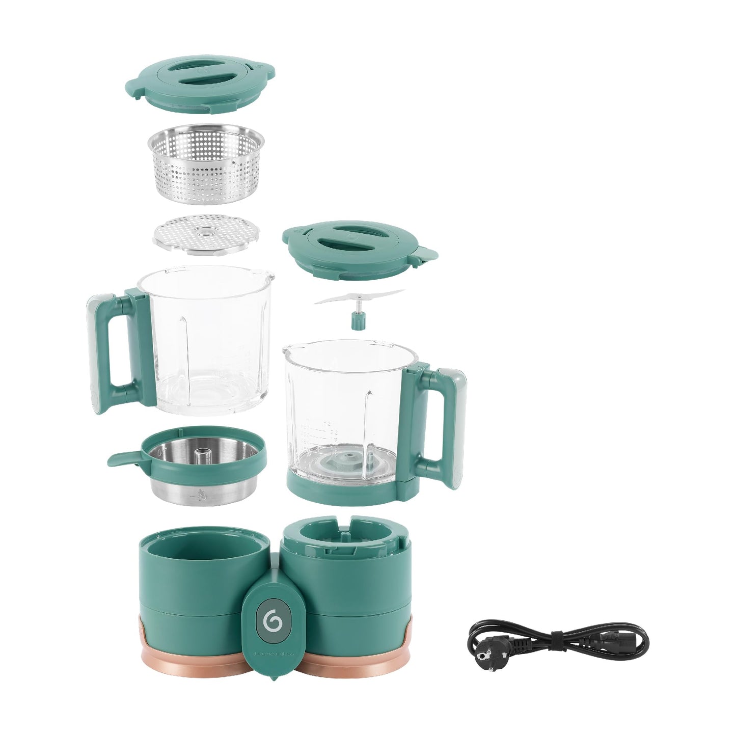 Babymoov Duo Meal Glass Food Maker - Baby Food Processor with Built-in Glass Steamer, Stainless Steel Basket, and Glass Blender (Over 6 Cup Capacity), Dark green