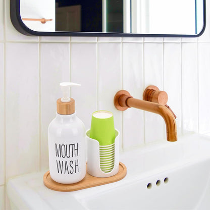 17oz Mouthwash Dispenser with Cup Holder, Plastic White Mouth Wash Pump Bottle with Tray for Bathroom Organizers