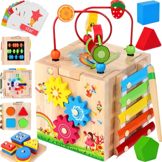 Batlofty Wooden Activity Cube, 8-in-1 Montessori Toys for 1 2 Year Old Girl Boy Toddler| Sensory Educational Learning Toys 12-18 Months | 1st Birthday Gifts, Bead Maze | Bonus Sorting & Stacking Board