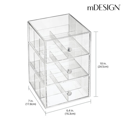 mDesign Plastic Wide Kitchen Pantry, Cabinet, Countertop Organizer Storage Station with 3 Drawers for Coffee, Tea, Sugar Packets, Sweeteners, Creamers, Drink Pods, Packets; 18 Sections - Clear