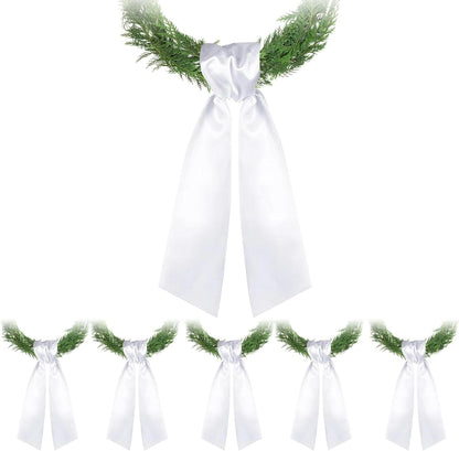 Skiennix 6 PCS White Satin Wreath Sashes - Embroidered Decor for Weddings & Holidays