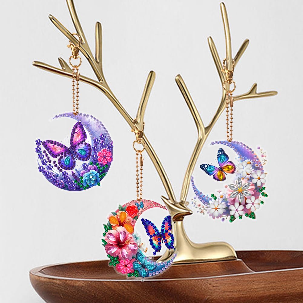 C'eitura 6Pcs Moon & Butterfly Diamond Painting Keychains, Double-Sided Crystal Rhinestone Charms, Mystical Celestial Gifts for Women, Birthday Party Favors