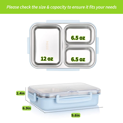 PTYTIFY Stainless Steel Bento Box, 3 Compartments Leakproof Stainless Steel Snack Containers, 25 oz Premium 304 Metal Lunch Box for Adults, BPA-Free, Dishwasher Safe (Blue)