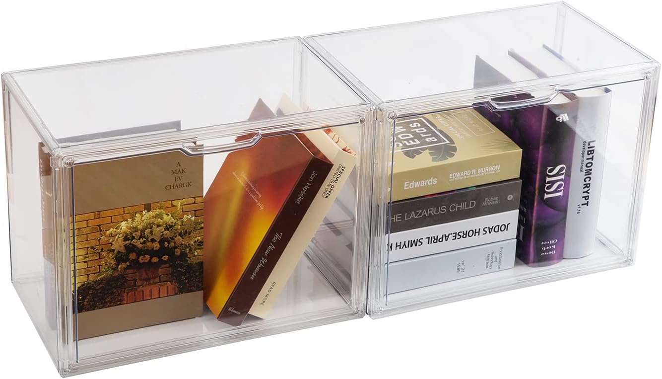 2PACKS BOHOIDEE Clear Book Storage Organizer for Bookshelf, Plastic Stackable Book Display Case with Magnetic Door