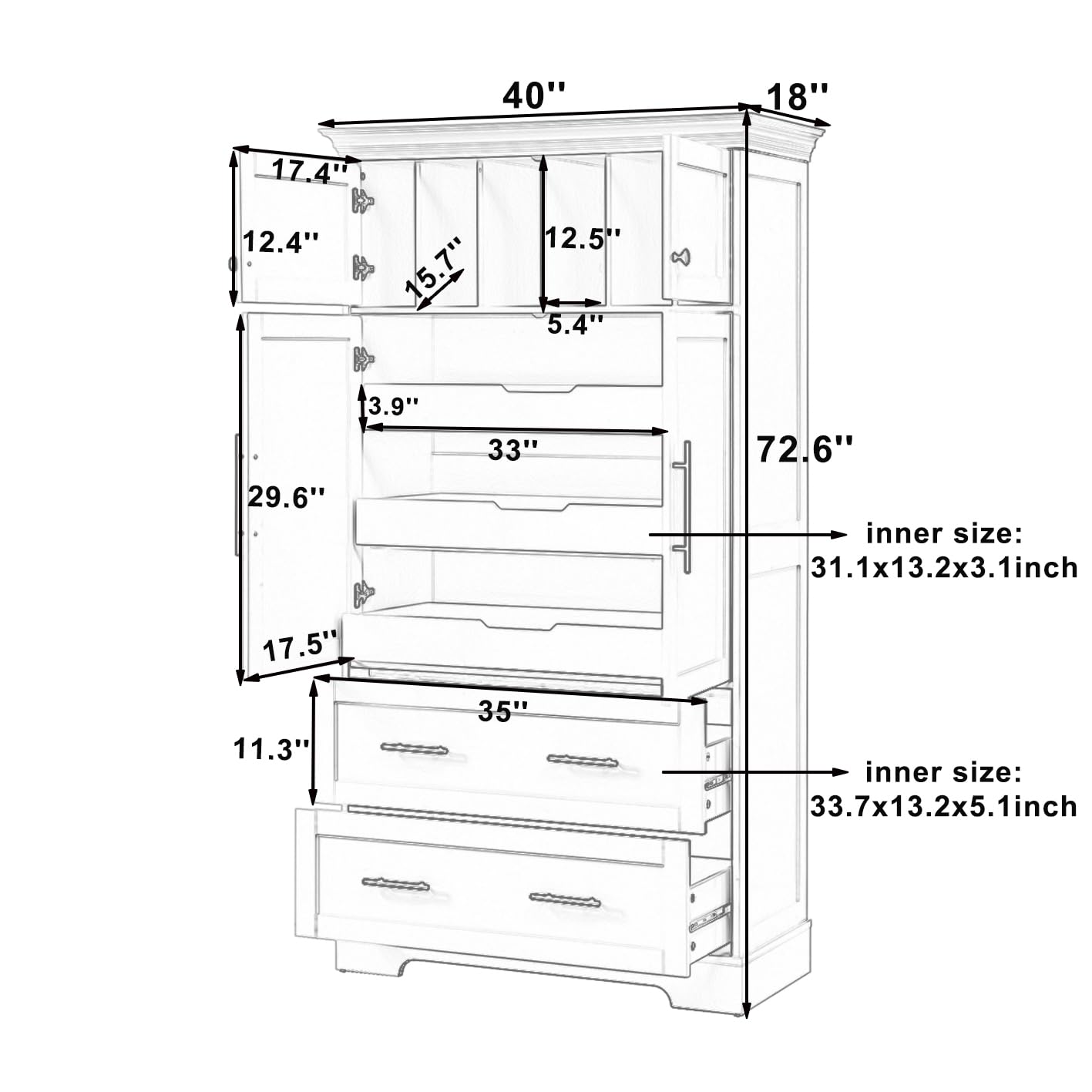 Merax 72.6" Farmhouse Kitchen Pantry Cabinet with Pull-Out Trays & Drawers, Freestanding Pantry with Cake Pan Storage, 4-Door Shaker Style Storage Cabinet, 40" L x 18" W, White