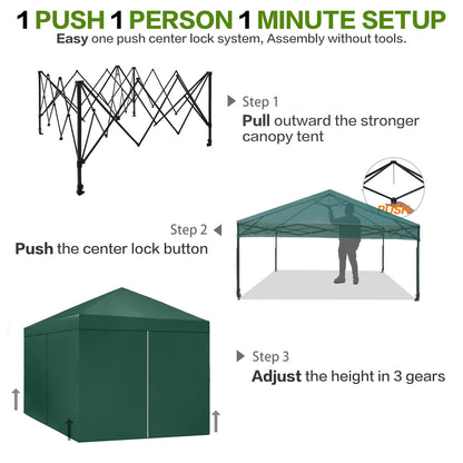 Tunbne 10X10 Comercial Pop Up Canopy Tent with 4 Sidewalls and 6 Pockets, One Push Setup Center Lock, for Beach Patio Outdoor, Case, 8 Stakes, 4 Ropes, 4 Sandbags (Forest Green)