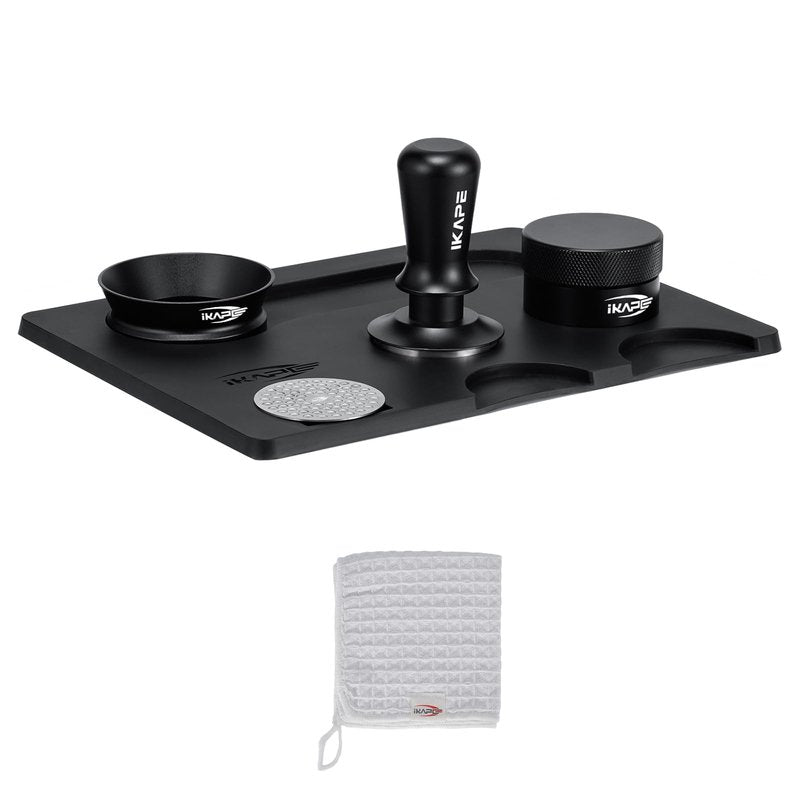 IKAPE 53.3MM Espresso Tamper Kit Black 6 IN 1, Espresso Tool Kit with Coffee Tamper, Distributor, Magnetic Dosing Funnel, Silicone Mat, Puck Screen, Cleaning Towel