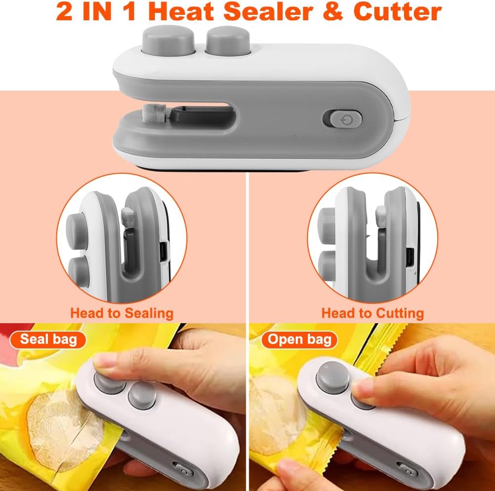 Mini Bag Sealer, USB-C Rechargeable 2 in 1 Heat Sealer with Cutter, Portable Resealer for Food Storage
