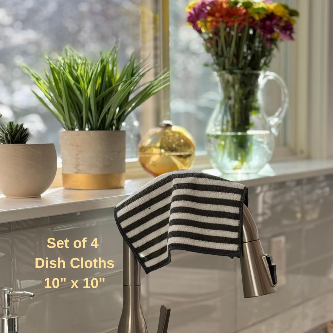Severn Dish Cloths for Washing Dishes 4pk. Odor-Resistant Dish Rags with Non-Scratch Wire Scrubber Side for Kitchen Cleaning. Grime-Fighting Bamboo-Charcoal Microfiber 2-Sided Dishrags. Machine Wash