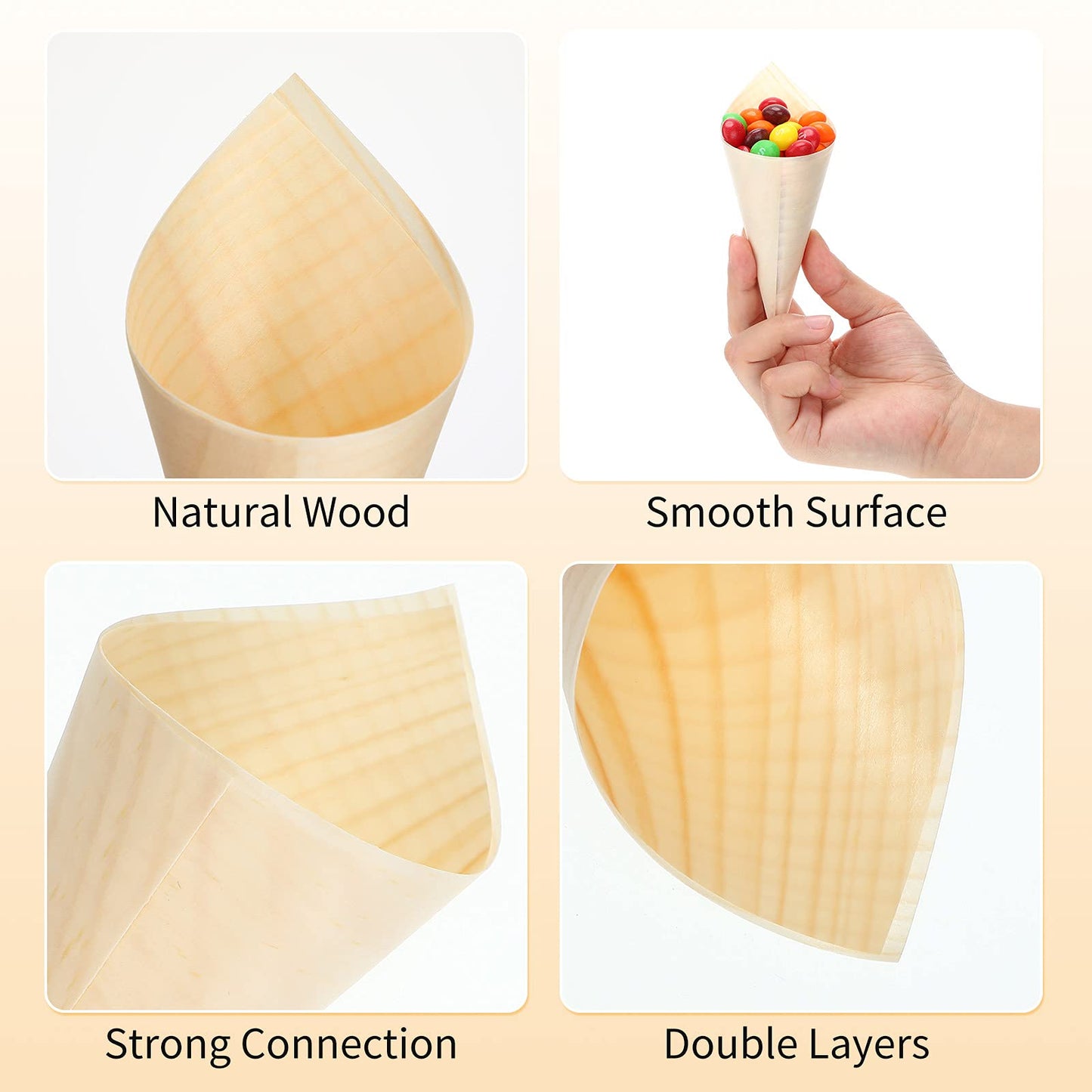 Queekay 100 Pcs Disposable Wooden Food Cones with 12 Holes Food Cone Display Stand Cone Holder for Charcuterie, Ice Cream, Catered Events, Party or Buffets(Straight,Bamboo)