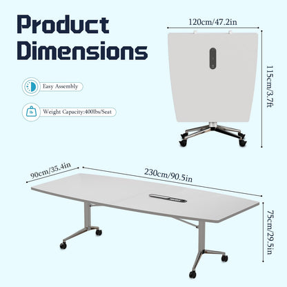 7.5 FT Large Folding Conference Table,Training Seminar Tables for 6-8 People,Built-in Wireless Charger and Power Box,Metal Legs Rolling Training Table for Office (1, White, 90.5"L×35.4“W×29.5"H)