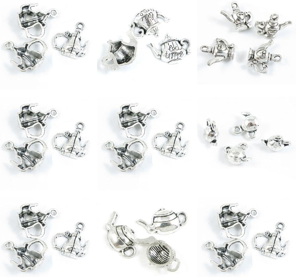 29 Pieces Antique Silver Tone Jewelry Making Charms - Teapot, Tea Kettle, Pot & Wine