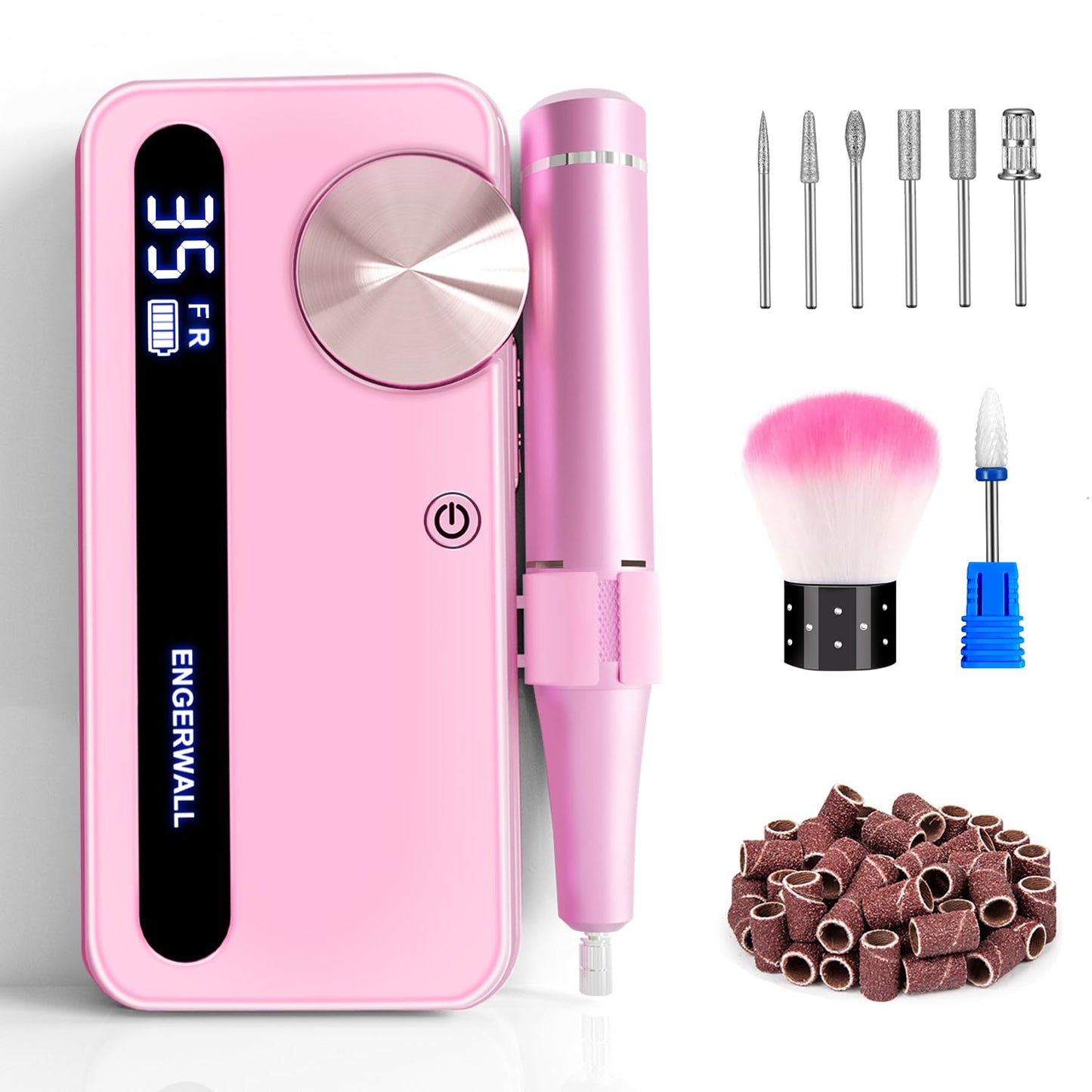ENGERWALL Rechargeable Nail Drill 35,000 RPM, Portable Cordless Electric Nail File for Acrylic, Gel Nails, Polishing & Removal, with Nail Drill Bits Kit for Manicure & Pedicure, Pink