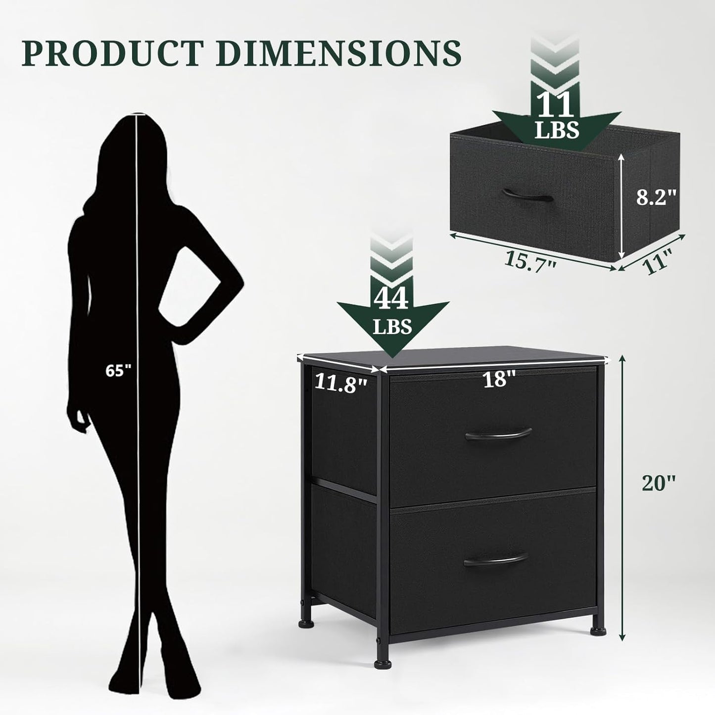 2 Closet, 11.8" 18" 20", Nightstand, Small Drawer Dresser End Table Bedside Furniture, Wooden Top Fabric Bins