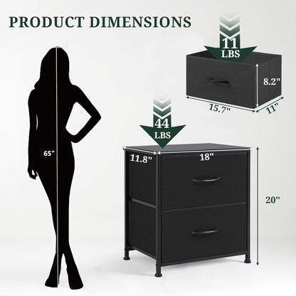 2 Closet, 11.8" 18" 20", Nightstand, Small Drawer Dresser End Table Bedside Furniture, Wooden Top Fabric Bins
