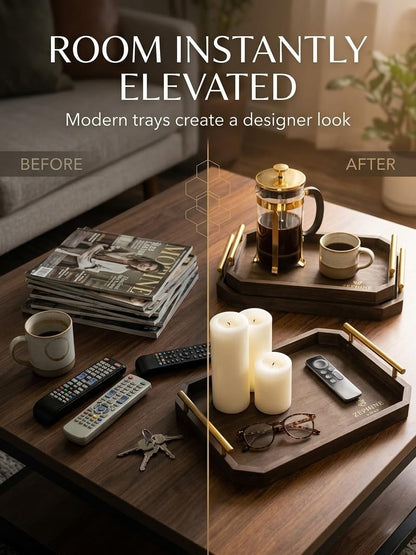 ZEPHINE HOME Luxury Decorative Wooden Serving Trays, Dark Brown Hexagonal Design with Gold Handles, 18x12 in/13.7x8.8 in, Modern Ottoman Tray Set of 2 for Coffee Table, Bar, Home Decor, Serving