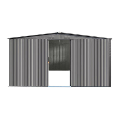 YOPTO 11x13 FT Outdoor Storage Shed,Metal Waterproof Tool House with Firewood Shed and 2 Integrated Punched Vents,2-in-1 Garden Storager Apex Roof Shelter w/Window & Door for Wood,Bicycles,Grey