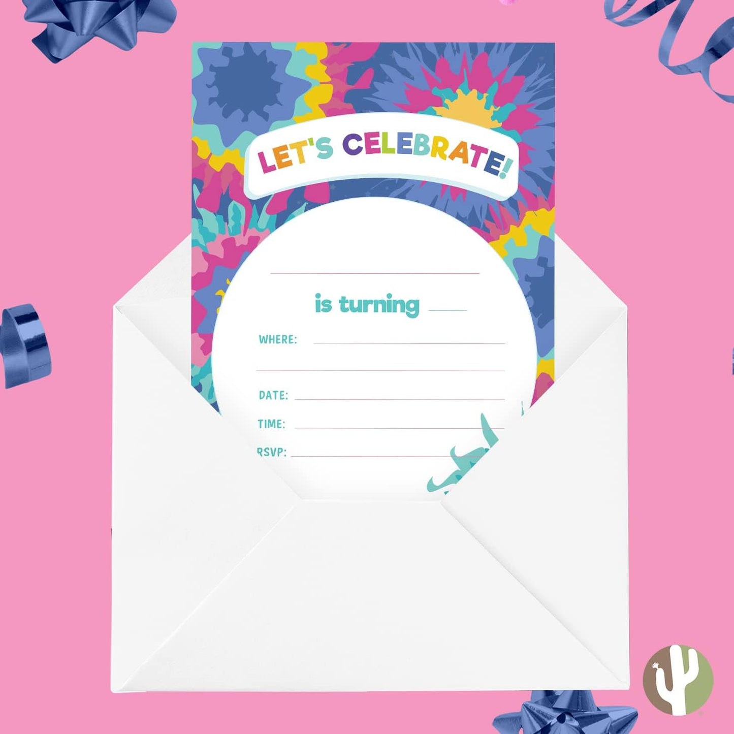 Desert Cactus Tie Dye Happy Birthday Invitations, Style 2 Invite Cards (10 Count) with Envelopes